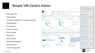 © 2017 Datrium, Inc.
Simple VM-Centric Admin
• VM Awareness
• VM Analytics
• One-Click Software & Firmware Upgrades
• De-duplication
• Compression
• Erasure Coding
• Data Locality
• Encryption
• Native Snaps
• Multi-Site Replication
• Cloud Backup
• vCenter Integration
 