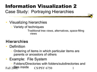 Fall 2002 CS/PSY 6750 1
Information Visualization 2
Case Study: Portraying Hierarchies
• Visualizing hierarchies
− Variety of techniques
Traditional tree views, alternatives, space-filling
views
Hierarchies
• Definition
− Ordering of items in which particular items are
parents or ancestors of others
• Example: File System
− Folders/Directories with folders/subdirectories and
files inside
 