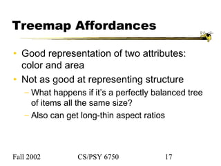 Fall 2002 CS/PSY 6750 17
Treemap Affordances
• Good representation of two attributes:
color and area
• Not as good at representing structure
− What happens if it’s a perfectly balanced tree
of items all the same size?
− Also can get long-thin aspect ratios
 
