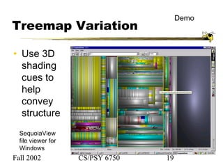 Fall 2002 CS/PSY 6750 19
Treemap Variation
• Use 3D
shading
cues to
help
convey
structure
SequoiaView
file viewer for
Windows
Demo
 
