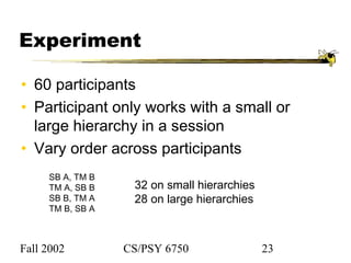 Fall 2002 CS/PSY 6750 23
Experiment
• 60 participants
• Participant only works with a small or
large hierarchy in a session
• Vary order across participants
SB A, TM B
TM A, SB B
SB B, TM A
TM B, SB A
32 on small hierarchies
28 on large hierarchies
 