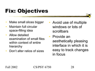 Fall 2002 CS/PSY 6750 28
Fix: Objectives
• Make small slices bigger
• Maintain full circular
space-filling idea
• Allow detailed
examination of small files
within context of entire
hierarchy
• Don’t alter ratios of sizes
• Avoid use of multiple
windows or lots of
scrollbars
• Provide an
aesthetically pleasing
interface in which it is
easy to track changes
in focus
 