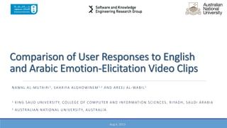 Comparison of User Responses to English
and Arabic Emotion-Elicitation Video Clips
NAWAL AL-MUTAIRI1, SHARIFA ALGHOWINEM1,2 AND AREEJ AL-WABIL1
1 KING SAUD UNIVERSITY, COLLEGE OF COMPUTER AND INFORMATION SCIENC ES, RIYADH, SAUDI ARABIA
2 AUSTRALIAN NATIONAL UNIVERSITY, AUSTRALIA
Aug 5, 2015
 