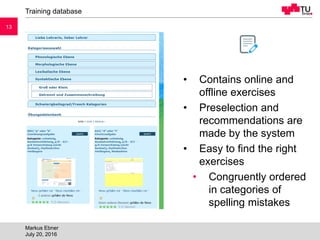 1313
Training database
Markus Ebner
July 20, 2016
• Contains online and
offline exercises
• Preselection and
recommendations are
made by the system
• Easy to find the right
exercises
• Congruently ordered
in categories of
spelling mistakes
 