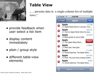 Table View
                                                „ ... presents data in a single-column list of multiple
                                                rows.“



         • provide feedback when
              user select a list item

         • display content
              immediately

         • plain / group style
         • different table-view
              elements


iPhone Human Interface Guidlines - Martin Ebner 2012
 