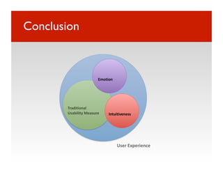 Conclusion



                        Emotion 




        Traditional 
        Usability Measure    Intuitiveness 




                                   User Experience 
 