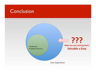 Conclusion




        Traditional 
                                                   ??? 
                                            What are you missing that’s 
        Usability Measure                       Valuable & Easy 



                             User Experience 
 