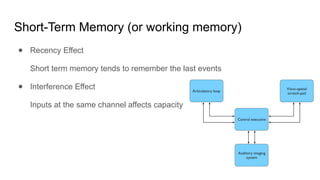 Short-Term Memory (or working memory)
● Recency Effect
Short term memory tends to remember the last events
● Interference Effect
Inputs at the same channel affects capacity
 