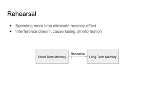 Rehearsal
● Spending more time eliminate recency effect
● Interference doesn’t cause losing all information
Short Term Memory Long Term Memory
Rehearsa
l
 