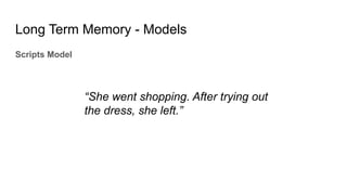 Long Term Memory - Models
Scripts Model
“She went shopping. After trying out
the dress, she left.”
 