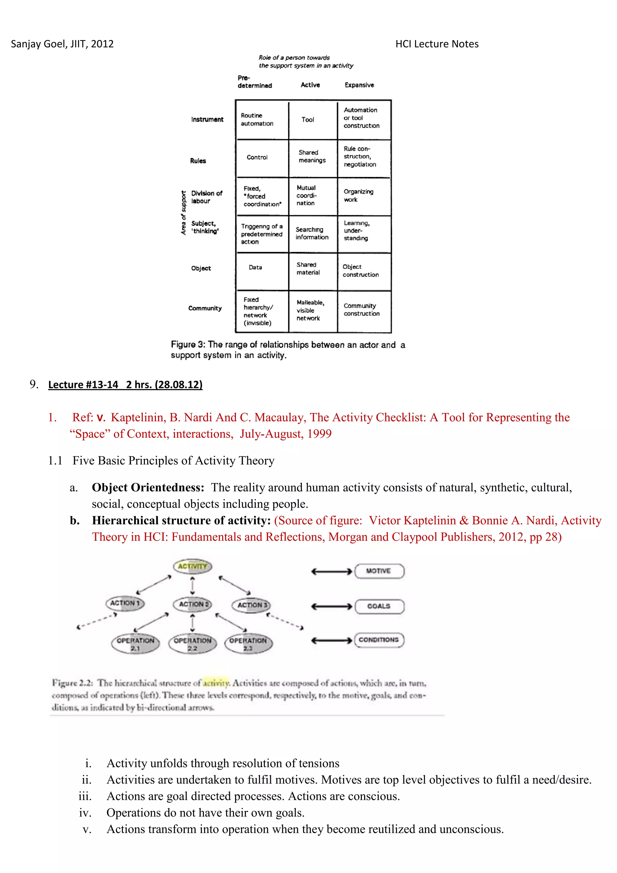 Sanjay Goel, JIIT, 2012                                                              HCI Lecture Notes




    9. Lecture #13-14 2 hrs. (28.08.12)

        1.   Ref: V. Kaptelinin, B. Nardi And C. Macaulay, The Activity Checklist: A Tool for Representing the
             ―Space‖ of Context, interactions, July-August, 1999

        1.1 Five Basic Principles of Activity Theory

             a. Object Orientedness: The reality around human activity consists of natural, synthetic, cultural,
                social, conceptual objects including people.
             b. Hierarchical structure of activity: (Source of figure: Victor Kaptelinin & Bonnie A. Nardi, Activity
                Theory in HCI: Fundamentals and Reflections, Morgan and Claypool Publishers, 2012, pp 28)




                    i.   Activity unfolds through resolution of tensions
                   ii.   Activities are undertaken to fulfil motives. Motives are top level objectives to fulfil a need/desire.
                  iii.   Actions are goal directed processes. Actions are conscious.
                  iv.    Operations do not have their own goals.
                   v.    Actions transform into operation when they become reutilized and unconscious.
 