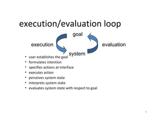 execution/evaluation loop
• user establishes the goal
• formulates intention
• specifies actions at interface
• executes action
• perceives system state
• interprets system state
• evaluates system state with respect to goal
system
evaluationexecution
goal
6
 