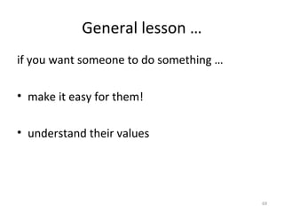 General lesson …
if you want someone to do something …
• make it easy for them!
• understand their values
69
 