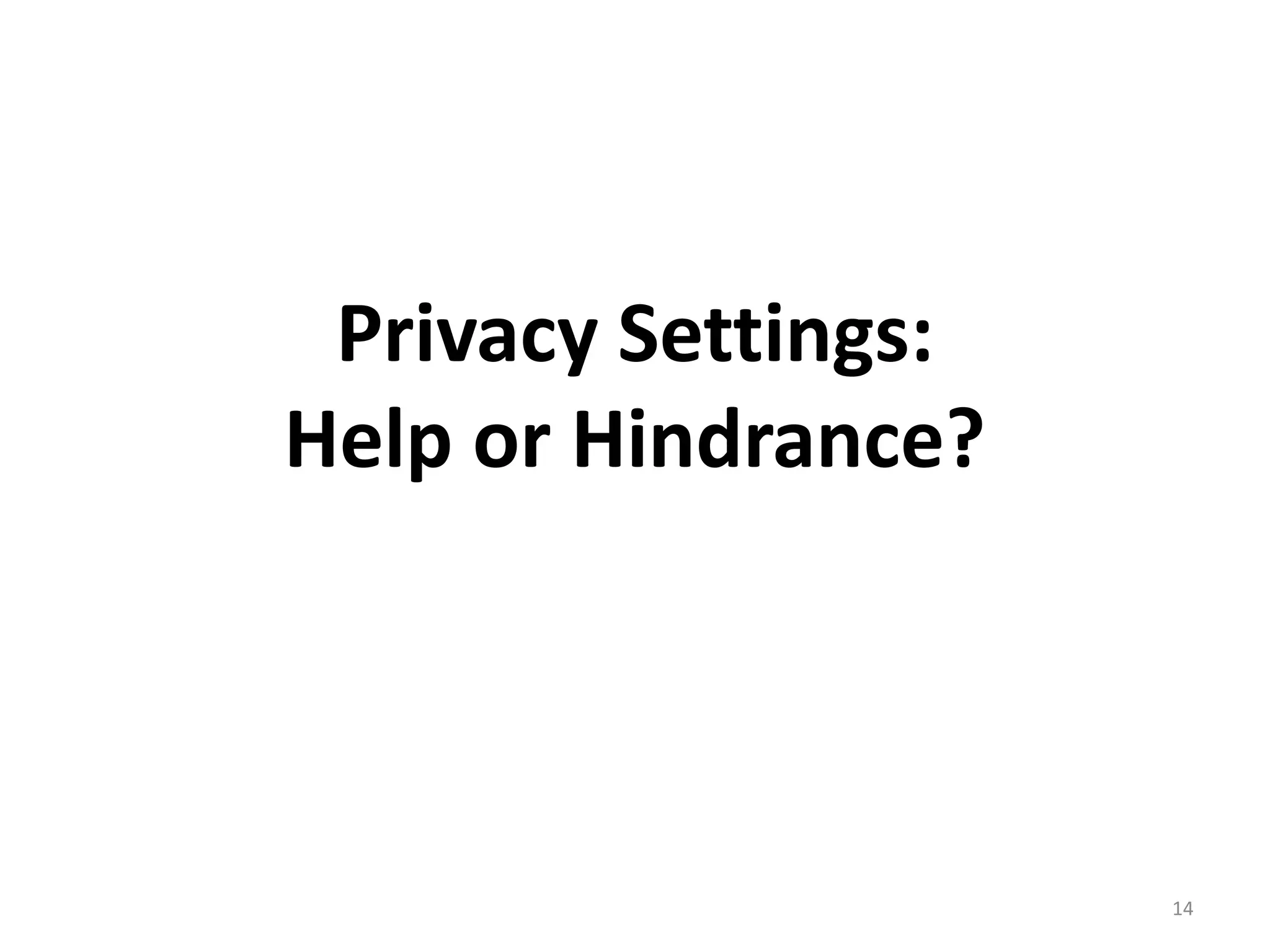 Privacy Settings:
Help or Hindrance?
14
 