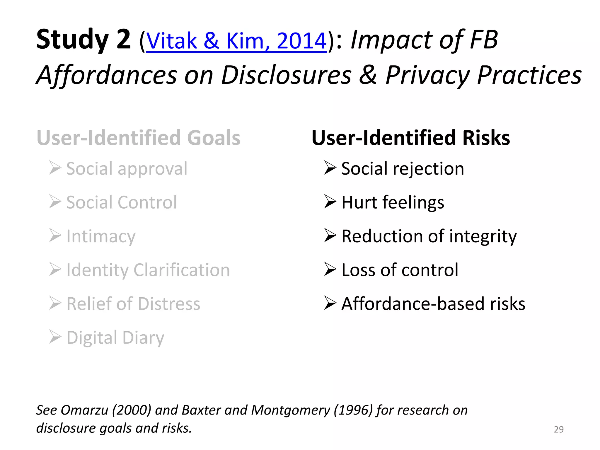 Study 2 (Vitak & Kim, 2014): Impact of FB
Affordances on Disclosures & Privacy Practices
User-Identified Goals
Social approval
Social Control
Intimacy
Identity Clarification
Relief of Distress
Digital Diary
User-Identified Risks
Social rejection
Hurt feelings
Reduction of integrity
Loss of control
Affordance-based risks
29
See Omarzu (2000) and Baxter and Montgomery (1996) for research on
disclosure goals and risks.
 