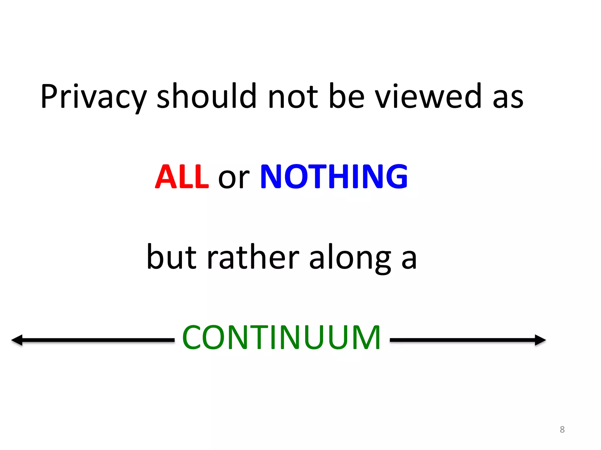 Privacy should not be viewed as
ALL or NOTHING
but rather along a
CONTINUUM
8
 