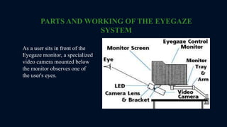 PARTS AND WORKING OF THE EYEGAZE
SYSTEM
As a user sits in front of the
Eyegaze monitor, a specialized
video camera mounted below
the monitor observes one of
the user's eyes.
 