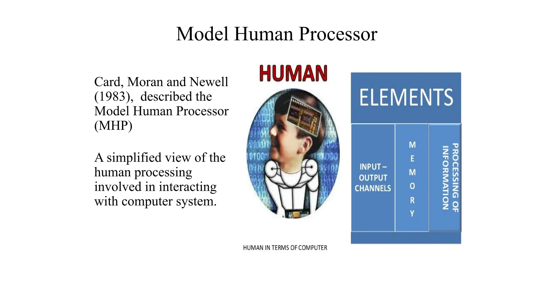 Card, Moran and Newell
(1983), described the
Model Human Processor
(MHP)
A simplified view of the
human processing
involved in interacting
with computer system.
Model Human Processor
 