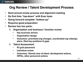 10
Org Review / Talent Development ProcessOrg Review / Talent Development Process
• Semi-annual review process and alignment meeting
• Do first time “top-down” with Exec team
• Going forward complete “bottom-up”
• Requires good preparation
• Review has two parts:
1. Organization and business / function review
• Key business drivers
• Organization design
• Outcomes: prioritized org changes, coordinated org redesign
plans, IDed key positions & gaps
1. Talent Assessment
• P2 grid placement
• Individual review
• Outcomes: Shared view of talent, development actions,
HIPOs, other personnel actions
 