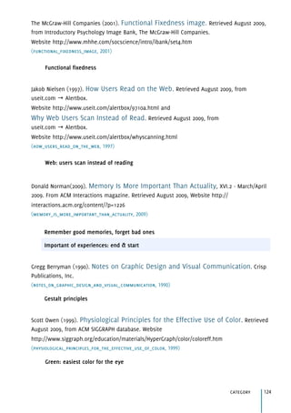 The McGraw-Hill Companies (2001). Functional Fixedness image. Retrieved August 2009,
from Introductory Psychology Image Bank, The McGraw-Hill Companies. 
Website http://www.mhhe.com/socscience/intro/ibank/set4.htm
(functional_fixedness_image, 2001)
Jakob Nielsen (1997). How Users Read on the Web. Retrieved August 2009, from
useit.com → Alertbox. 
Website http://www.useit.com/alertbox/9710a.html and 
Why Web Users Scan Instead of Read. Retrieved August 2009, from 
useit.com → Alertbox. 
Website http://www.useit.com/alertbox/whyscanning.html
(how_users_read_on_the_web, 1997)
Donald Norman(2009). Memory Is More Important Than Actuality, XVI.2 - March/April
2009. From ACM Interactions magazine. Retrieved August 2009, Website http://
interactions.acm.org/content/?p=1226
(memory_is_more_important_than_actuality, 2009)
Gregg Berryman (1990). Notes on Graphic Design and Visual Communication. Crisp
Publications, Inc.
(notes_on_graphic_design_and_visual_communication, 1990)
Scott Owen (1999). Physiological Principles for the Effective Use of Color. Retrieved
August 2009, from ACM SIGGRAPH database. Website 
http://www.siggraph.org/education/materials/HyperGraph/color/coloreff.htm
(physiological_principles_for_the_effective_use_of_color, 1999)
Functional fixedness
Web: users scan instead of reading
Remember good memories, forget bad ones
Important of experiences: end & start
Gestalt principles
Green: easiest color for the eye
category 124
 