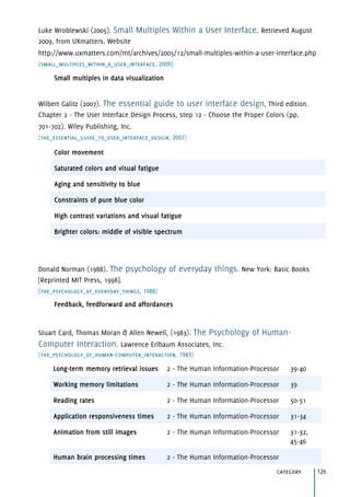Luke Wroblewski (2005). Small Multiples Within a User Interface. Retrieved August
2009, from UXmatters. Website 
http://www.uxmatters.com/mt/archives/2005/12/small-multiples-within-a-user-interface.php
(small_multiples_within_a_user_interface, 2009)
Wilbert Galitz (2007). The essential guide to user interface design, Third edition.
Chapter 2 - The User Interface Design Process, step 12 - Choose the Proper Colors (pp.
701-702). Wiley Publishing, Inc.
(the_essential_guide_to_user_interface_design, 2007)
Donald Norman (1988). The psychology of everyday things. New York: Basic Books
[Reprinted MIT Press, 1998].
(the_psychology_of_everyday_things, 1988)
Stuart Card, Thomas Moran & Allen Newell, (1983). The Psychology of Human-
Computer Interaction. Lawrence Erlbaum Associates, Inc.
(the_psychology_of_human-computer_interaction, 1983)
Small multiples in data visualization
Color movement
Saturated colors and visual fatigue
Aging and sensitivity to blue
Constraints of pure blue color
High contrast variations and visual fatigue
Brighter colors: middle of visible spectrum
Feedback, feedforward and affordances
Long-term memory retrieval issues 2 - The Human Information-Processor 39-40
Working memory limitations 2 - The Human Information-Processor 39
Reading rates 2 - The Human Information-Processor 50-51
Application responsiveness times 2 - The Human Information-Processor 31-34
Animation from still images 2 - The Human Information-Processor 31-32,
45-46
Human brain processing times 2 - The Human Information-Processor
category 126
 