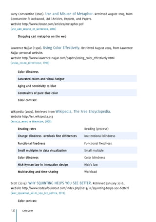 Larry Constantine (2000). Use and Misuse of Metaphor. Retrieved August 2009, from
Constantine & Lockwood, Ltd | Articles, Reports, and Papers. 
Website http://www.foruse.com/articles/metaphor.pdf
(use_and_misuse_of_metaphor, 2000)
Lawrence Najjar (1990). Using Color Effectively. Retrieved August 2009, from Lawrence
Najjar personal website. 
Website http://www.lawrence-najjar.com/papers/Using_color_effectively.html
(using_color_effectively, 1990)
Wikipedia (2009). Retrieved from Wikipedia, The Free Encyclopedia. 
Website http://en.wikipedia.org
(article_name in Wikipedia, 2009)
Scott (2013). WHY SQUINTING HELPS YOU SEE BETTER. Retrieved January 2016.. 
Website http://www.todayifoundout.com/index.php/2013/11/squinting-helps-see-better/
(why_squinting_helps_you_see_better, 2013)
Shopping cart metaphor on the web
Color blindness
Saturated colors and visual fatigue
Aging and sensitivity to blue
Constraints of pure blue color
Color contrast
Reading rates Reading (process)
Change blindness overlook fine differences Inattentional blindness
Functional fixedness Functional fixedness
Small multiples in data visualization Small multiple
Color blindness Color blindness
Hick-Hyman law in interaction design Hick's law
Multitasking and time-sharing Workload
category127
Color contrast
 