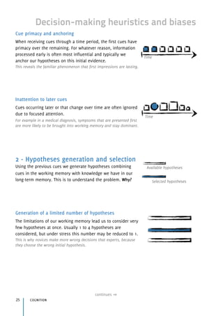 Decision-making heuristics and biases
Cue primacy and anchoring
When receiving cues through a time period, the first cues have
primacy over the remaining. For whatever reason, information
processed early is often most influential and typically we
anchor our hypotheses on this initial evidence.
This reveals the familiar phenomenon that first impressions are lasting.
Inattention to later cues
Cues occurring later or that change over time are often ignored
due to focused attention.
For example in a medical diagnosis, symptoms that are presented first
are more likely to be brought into working memory and stay dominant.
2 - Hypotheses generation and selection
Using the previous cues we generate hypotheses combining
cues in the working memory with knowledge we have in our
long-term memory. This is to understand the problem. Why?
Generation of a limited number of hypotheses
The limitations of our working memory lead us to consider very
few hypotheses at once. Usually 1 to 4 hypotheses are
considered, but under stress this number may be reduced to 1.
This is why novices make more wrong decisions that experts, because
they choose the wrong initial hypothesis.
cognition25
continues
Selected hypotheses
Available hypotheses
Time
Time
 