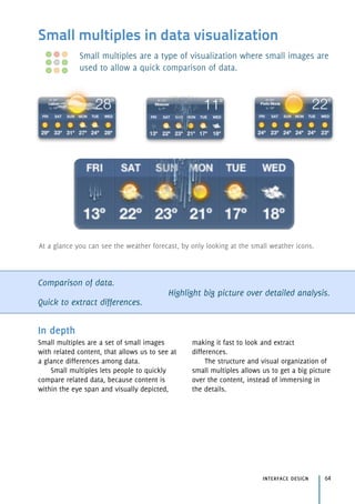 Small multiples in data visualization
Small multiples are a type of visualization where small images are
used to allow a quick comparison of data.
Comparison of data.
Quick to extract differences.
Highlight big picture over detailed analysis.
interface design 64
In depth
Small multiples are a set of small images
with related content, that allows us to see at
a glance differences among data.
Small multiples lets people to quickly
compare related data, because content is
within the eye span and visually depicted,
making it fast to look and extract
differences.
The structure and visual organization of
small multiples allows us to get a big picture
over the content, instead of immersing in
the details.
At a glance you can see the weather forecast, by only looking at the small weather icons.
 