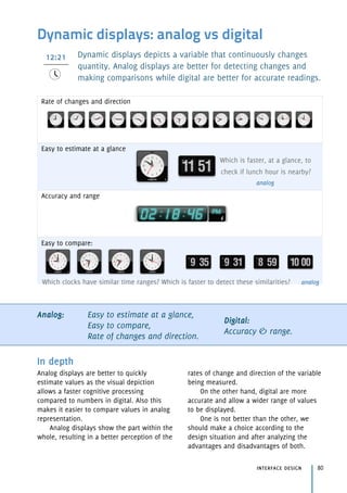 Dynamic displays: analog vs digital
Dynamic displays depicts a variable that continuously changes
quantity. Analog displays are better for detecting changes and
making comparisons while digital are better for accurate readings.
Analog: Easy to estimate at a glance, 
Easy to compare, 
Rate of changes and direction.
Digital: 
Accuracy & range.
interface design 80
In depth
Analog displays are better to quickly
estimate values as the visual depiction
allows a faster cognitive processing
compared to numbers in digital. Also this
makes it easier to compare values in analog
representation.
Analog displays show the part within the
whole, resulting in a better perception of the
rates of change and direction of the variable
being measured.
On the other hand, digital are more
accurate and allow a wider range of values
to be displayed.
One is not better than the other, we
should make a choice according to the
design situation and after analyzing the
advantages and disadvantages of both.
Rate of changes and direction
Easy to estimate at a glance
Which is faster, at a glance, to
check if lunch hour is nearby?
analog
Accuracy and range
Easy to compare:
Which clocks have similar time ranges? Which is faster to detect these similarities? analog
12:21
 