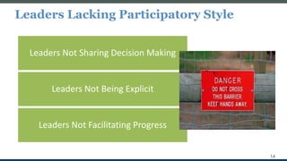 Leaders Lacking Participatory Style
14
Leaders Not Sharing Decision Making
Leaders Not Being Explicit
Leaders Not Facilitating Progress
 