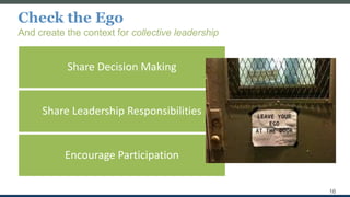 Check the Ego
And create the context for collective leadership
16
Share Decision Making
Share Leadership Responsibilities
Encourage Participation
 