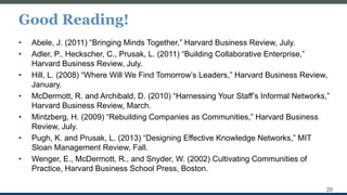 Good Reading!
26
• Abele, J. (2011) “Bringing Minds Together,” Harvard Business Review, July.
• Adler, P., Heckscher, C., Prusak, L. (2011) “Building Collaborative Enterprise,”
Harvard Business Review, July.
• Hill, L. (2008) “Where Will We Find Tomorrow’s Leaders,” Harvard Business Review,
January.
• McDermott, R. and Archibald, D. (2010) “Harnessing Your Staff’s Informal Networks,”
Harvard Business Review, March.
• Mintzberg, H. (2009) “Rebuilding Companies as Communities,” Harvard Business
Review, July.
• Pugh, K. and Prusak, L. (2013) “Designing Effective Knowledge Networks,” MIT
Sloan Management Review, Fall.
• Wenger, E., McDermott, R., and Snyder, W. (2002) Cultivating Communities of
Practice, Harvard Business School Press, Boston.
 