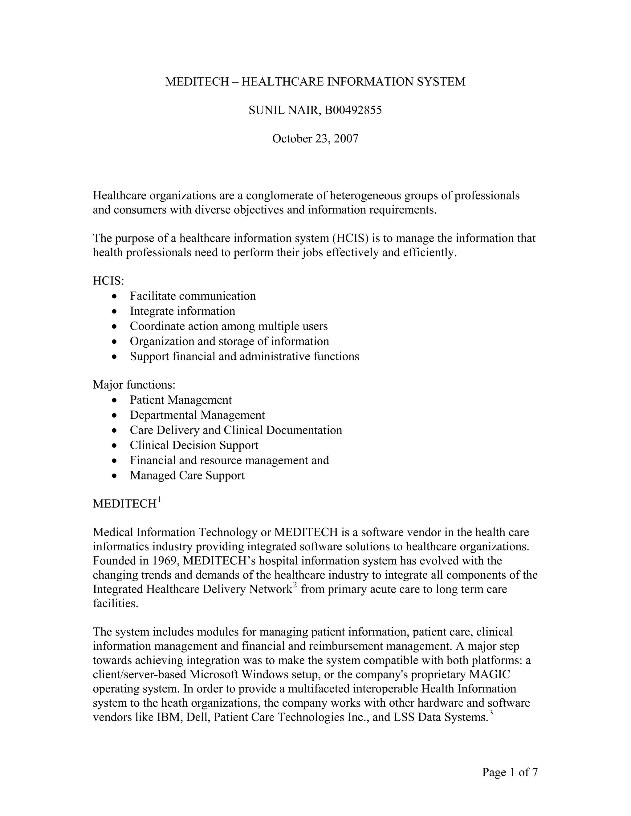 Meditech - Healthcare Information System - Sunil Nair Health Informatics Dalhousie University