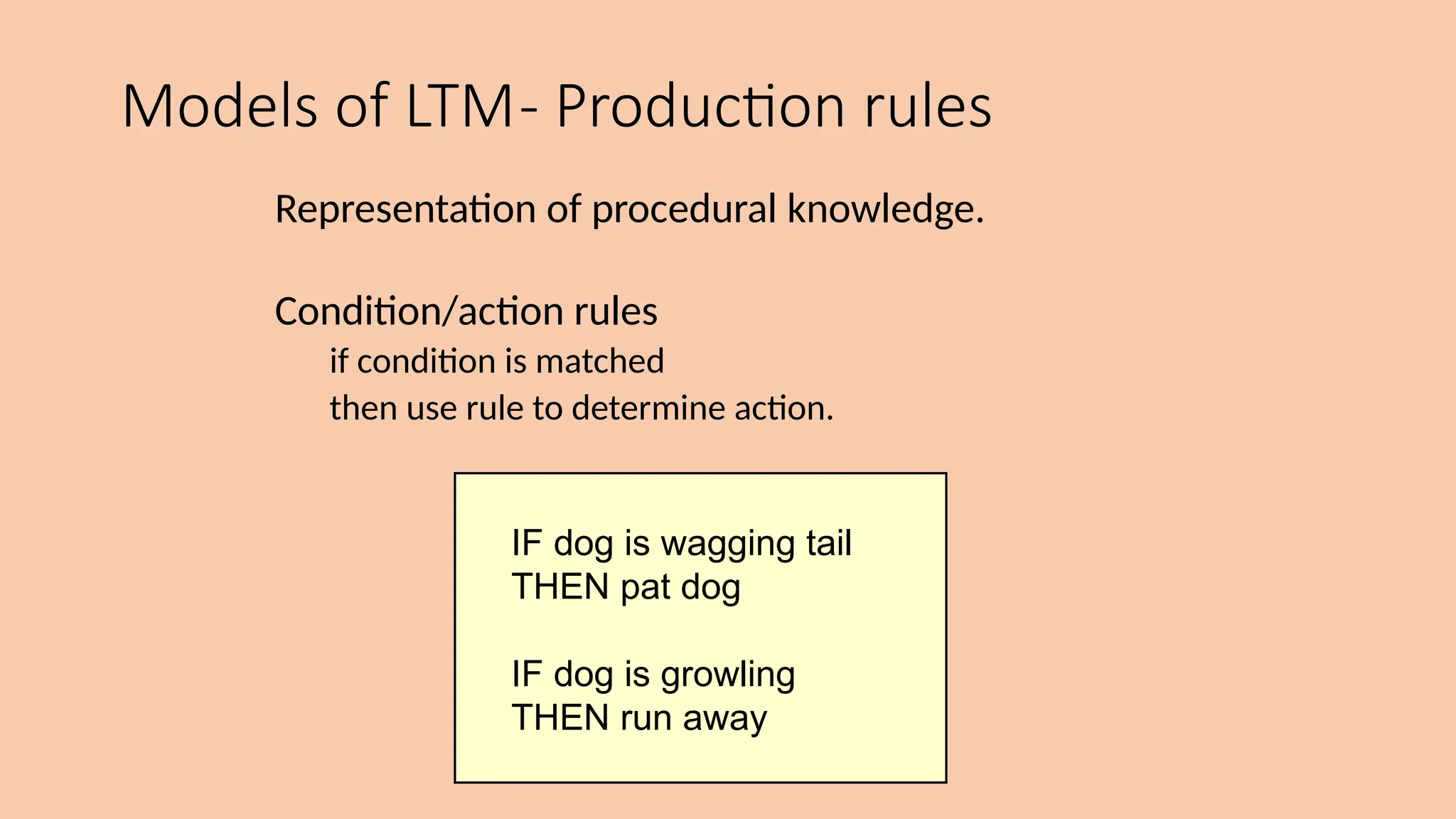 Models of LTM- Production rules
Representation of procedural knowledge.
Condition/action rules
if condition is matched
then use rule to determine action.
IF dog is wagging tail
THEN pat dog
IF dog is growling
THEN run away
 