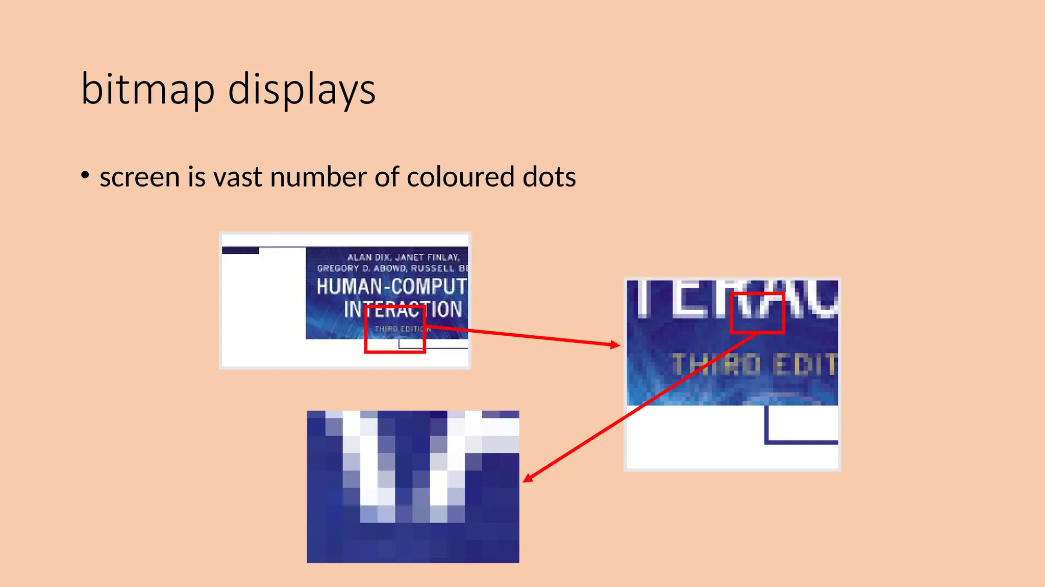 bitmap displays
• screen is vast number of coloured dots
 