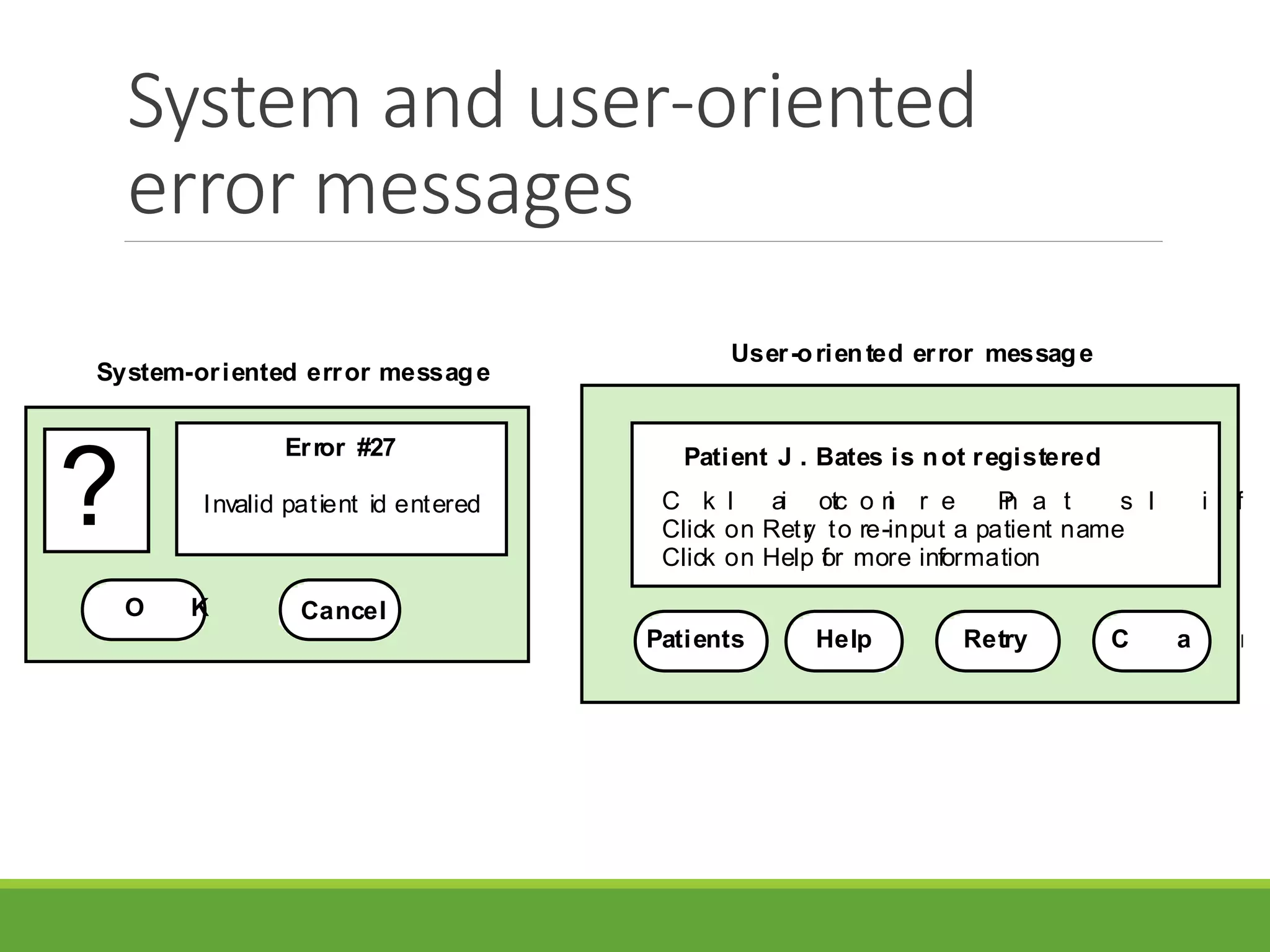 System and user-oriented
error messages
Error #27
Invalid patient id entered?
O K Cancel
Patient J . Bates is not registered
C l i ck o n Pa t i e n t s fo r a l i s
Click on Retry to re-input a patient name
Click on Help for more information
Patients Help Retry C a n
System-oriented error message
User-oriented error message
 