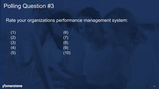 •Rate your organizations performance management system:
• (1) (6)
• (2) (7)
• (3) (8)
• (4) (9)
• (5) (10)
Polling Questio...