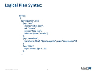 Logical Plan Syntax:

                                    query:[
                                     {
                                       op:"sequence", do:[
                                         { op: "scan",
                                            memo: "initial_scan",
                                            ref: "donuts",
                                            source: "local-logs",
                                            selection: {data: "activity"}
                                         },
                                         { op: "transform",
                                            transforms: [ { ref: "donuts.quanity", expr: "donuts.sales”} ]
                                         },
                                         { op: "filter",
                                            expr: "donuts.ppu < 1.00"
                                         },
                                       …




©MapR Technologies - Confidential                                    46
 