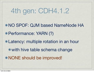 4th gen: CDH4.1.2
        NO SPOF: QJM based NameNode HA
        Performance: YARN (?)
        Latency: multiple rotation in an hour
              with hive table schema change
        NONE should be improved!

13年1月21日月曜日
 