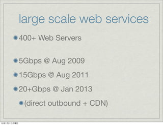 large scale web services
              400+ Web Servers


              5Gbps @ Aug 2009
              15Gbps @ Aug 2011
              20+Gbps @ Jan 2013
               (direct outbound + CDN)

13年1月21日月曜日
 