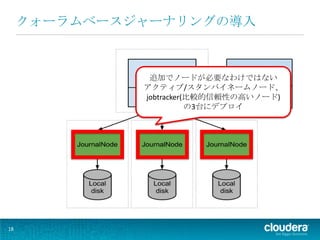 クォーラムベースジャーナリングの導入


                                  NameNode
               追加でノードが必要なわけではない
              アクティブ/スタンバイネームノード、
                                    Quorum
              jobtracker(比較的信頼性の高いノード)
                                JournalManager
                         の3台にデプロイ




18
 