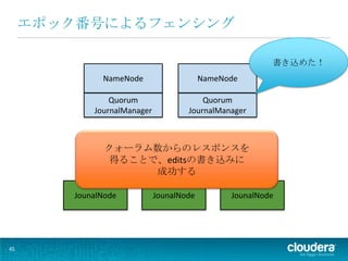 エポック番号によるフェンシング

                                                         書き込めた！
              NameNode                    NameNode

                Quorum                   Quorum
            JournalManager           JournalManager



               クォーラム数からのレスポンスを
                得ることで、editsの書き込みに
                     成功する

        JounalNode           JounalNode         JounalNode




45
 