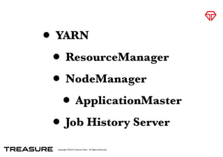 Copyright*©2014*Treasure*Data.**All*Rights*Reserved.
• YARN
• ResourceManager
• NodeManager
• ApplicationMaster
• Job Hist...
