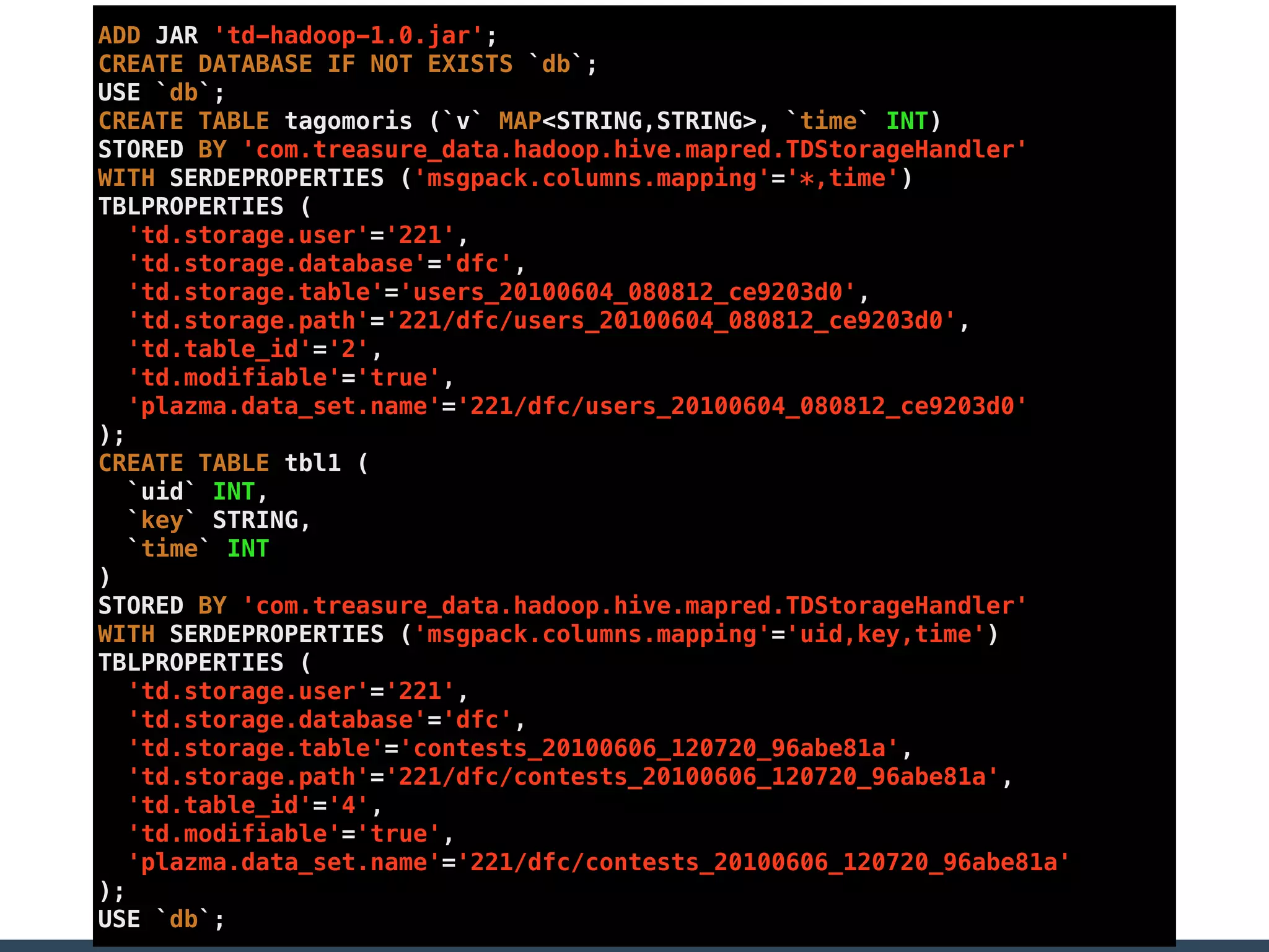 ADD JAR 'td-hadoop-1.0.jar';
CREATE DATABASE IF NOT EXISTS `db`;
USE `db`;
CREATE TABLE tagomoris (`v` MAP<STRING,STRING>, `time` INT)
STORED BY 'com.treasure_data.hadoop.hive.mapred.TDStorageHandler'
WITH SERDEPROPERTIES ('msgpack.columns.mapping'='*,time')
TBLPROPERTIES (
'td.storage.user'='221',
'td.storage.database'='dfc',
'td.storage.table'='users_20100604_080812_ce9203d0',
'td.storage.path'='221/dfc/users_20100604_080812_ce9203d0',
'td.table_id'='2',
'td.modifiable'='true',
'plazma.data_set.name'='221/dfc/users_20100604_080812_ce9203d0'
);
CREATE TABLE tbl1 (
`uid` INT,
`key` STRING,
`time` INT
)
STORED BY 'com.treasure_data.hadoop.hive.mapred.TDStorageHandler'
WITH SERDEPROPERTIES ('msgpack.columns.mapping'='uid,key,time')
TBLPROPERTIES (
'td.storage.user'='221',
'td.storage.database'='dfc',
'td.storage.table'='contests_20100606_120720_96abe81a',
'td.storage.path'='221/dfc/contests_20100606_120720_96abe81a',
'td.table_id'='4',
'td.modifiable'='true',
'plazma.data_set.name'='221/dfc/contests_20100606_120720_96abe81a'
);
USE `db`;
 
