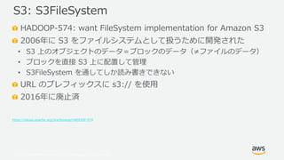 © 2019, Amazon Web Services, Inc. or its Affiliates. All rights reserved.
HADOOP-574: want FileSystem implementation for Amazon S3
2006年に S3 をファイルシステムとして扱うために開発された
• S3 上のオブジェクトのデータ＝ブロックのデータ（≠ファイルのデータ）
• ブロックを直接 S3 上に配置して管理
• S3FileSystem を通してしか読み書きできない
URL のプレフィックスに s3:// を使用
2016年に廃止済
https://issues.apache.org/jira/browse/HADOOP-574
S3: S3FileSystem
 