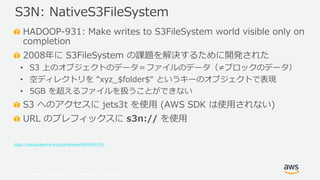 © 2019, Amazon Web Services, Inc. or its Affiliates. All rights reserved.
HADOOP-931: Make writes to S3FileSystem world visible only on
completion
2008年に S3FileSystem の課題を解決するために開発された
• S3 上のオブジェクトのデータ＝ファイルのデータ（≠ブロックのデータ）
• 空ディレクトリを “xyz_$folder$“ というキーのオブジェクトで表現
• 5GB を超えるファイルを扱うことができない
S3 へのアクセスに jets3t を使用 (AWS SDK は使用されない)
URL のプレフィックスに s3n:// を使用
https://issues.apache.org/jira/browse/HADOOP-931
S3N: NativeS3FileSystem
 