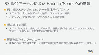© 2019, Amazon Web Services, Inc. or its Affiliates. All rights reserved.
例：複数ステップの ETL データ処理パイプライン
• ステップ1: 入力の生データを整形、フォーマット変換
• ステップ2: 変換後のデータを入力として統計処理
想定される問題
• ステップ1で S3 に出力したデータが、直後に実行されるステップ2 の入力と
するデータのリストに含まれない場合がある
影響が出やすいワークロード
• 複数のジョブで構成され、迅速かつ連続的で厳密な処理が必要なワークロード
S3 整合性モデルによる Hadoop/Spark への影響
 