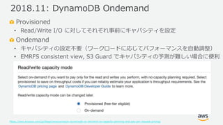 © 2019, Amazon Web Services, Inc. or its Affiliates. All rights reserved.
Provisioned
• Read/Write I/O に対してそれぞれ事前にキャパシティを設定
Ondemand
• キャパシティの設定不要（ワークロードに応じてパフォーマンスを自動調整）
• EMRFS consistent view, S3 Guard でキャパシティの予測が難しい場合に便利
https://aws.amazon.com/jp/blogs/news/amazon-dynamodb-on-demand-no-capacity-planning-and-pay-per-request-pricing/
2018.11: DynamoDB Ondemand
 