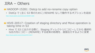 © 2019, Amazon Web Services, Inc. or its Affiliates. All rights reserved.
HADOOP-15281: Distcp to add no-rename copy option
• DistCp で (主に S3 等のために) RENAME なしで動作するオプションを追加
https://issues.apache.org/jira/browse/HADOOP-15281
HIVE-20517: Creation of staging directory and Move operation is
taking time in S3
• Hive で S3 に出力する際に、Staging ディレクトリにコピーしてから 最終的
な出力先にコピー (RENAME) する従来の処理を、直接出力するように変更
https://issues.apache.org/jira/browse/HIVE-20517
JIRA – Others
 