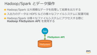 © 2019, Amazon Web Services, Inc. or its Affiliates. All rights reserved.
Hadoop/Spark は大規模なデータを処理して結果を出力する
入出力のデータは HDFS などの様々なファイルシステムに配置可能
Hadoop/Spark は様々なファイルシステムにアクセスする際に
Hadoop FileSystem API を使用する
Hadoop/Spark とデータ操作
FileSystem
App
FileSystem API
 